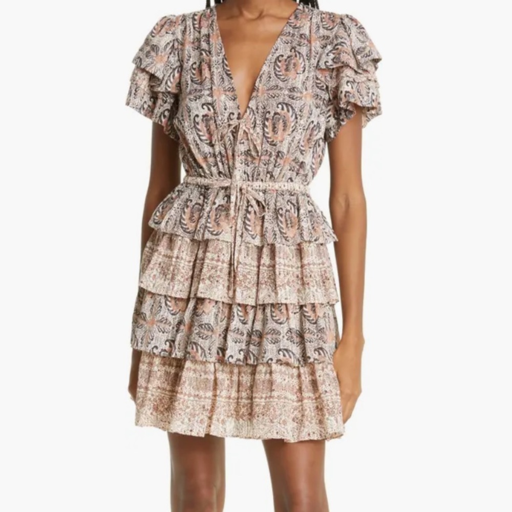 Ulla Johnson Kaitlyn Neutral Tiered Mini Dress Size 6